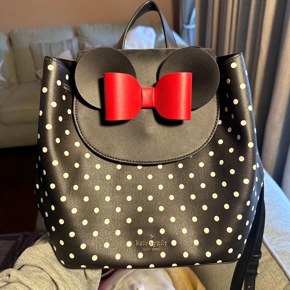 Kate Spade Black and White Polka Dot Backpack with Red Bow